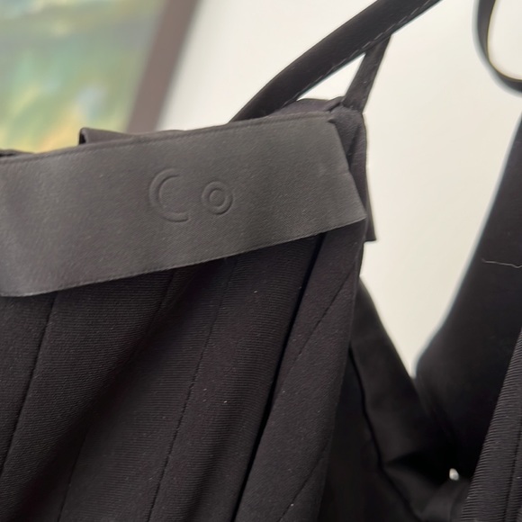 Long flowing silky thin strap black dress with faux ties at shoulders. - Picture 6 of 6